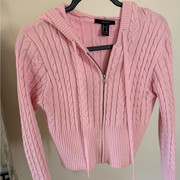 Forever 21 Sweaters - Forever 21 Pink Cable Knit Hoodie Cardigan